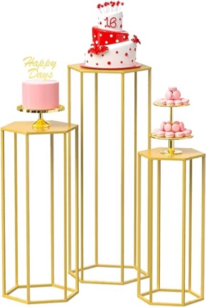 Wokceer Hexagon Pedestal Stand Cylinder Stands for Party 35.43" Set of 3 Nesting Display Cylinder Tables for Parties Wedding Living Room Patio Decor Gold