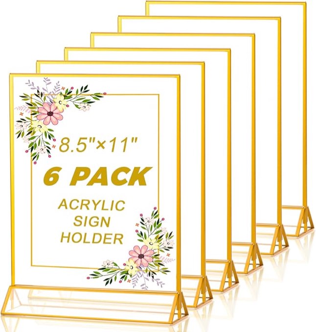 Acrylic Sign Holder 8.5X11 Gold Picture Frame Double Sided Acrylic Frame Plastic Sign Holder Display Stand for Wedding Table Numbers Menu Holder (6 Pack)