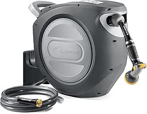 Retractable Garden Hose Reel 5/8 in x 100 ft Upgraded UV Resistant Heavy Duty Automatic Hose Reel Wall Mount 3/4 in Brass Fitting 9 Pattern Nozzle Any Length Lock Slow Retraction 180° Swivel