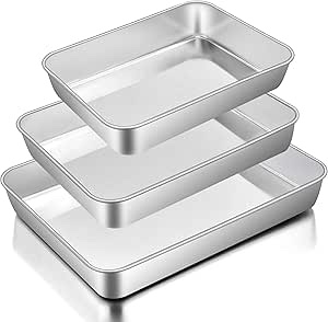 Baking Pans Set of 3, E-far Stainless Steel Sheet Cake Pan for Oven - 12.5/10.5/9.4Inch, Rectangle Bakeware Set for Cake Lasagna Brownie Casserole Cookie, Non-toxic & Healthy, Dishwasher Safe