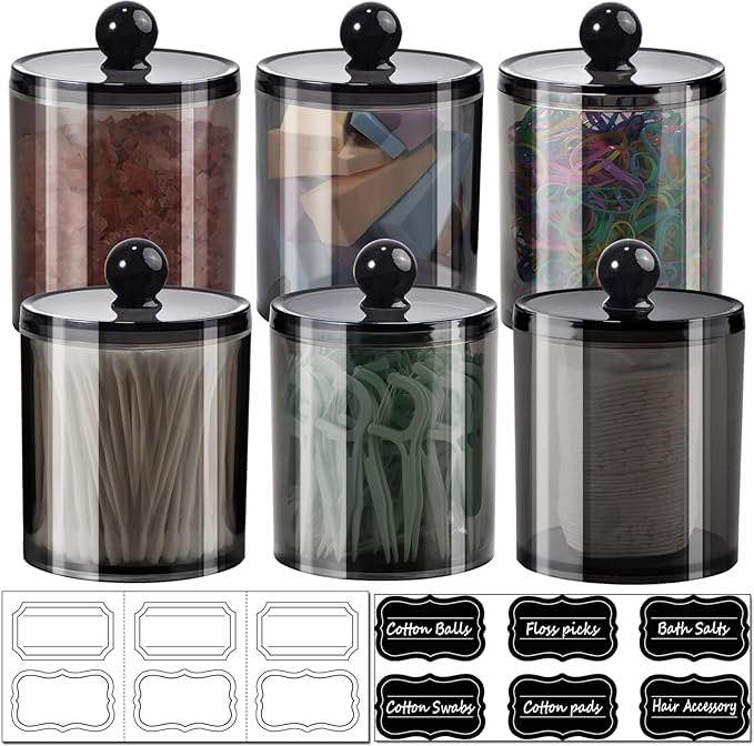 6 Pack of 12 Oz. Qtip Dispenser Apothecary Jars Bathroom with Labels - Qtip Holder Storage Canister Clear Plastic Acrylic Jar for Cotton Ball,Cotton Swab,Cotton Rounds,Floss Picks, Hair Clips (Black)