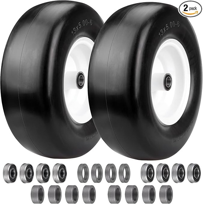 13x5.00-6 flat free tire and wheel,Front Zero-Turn Smooth Tire Assembly Replacement for Riding Lawn Mower Garden Tractor,with 3/4" &1/2" & 5/8" Precision bearings,3.25"- 5.9" Center Hub (2 Pack)