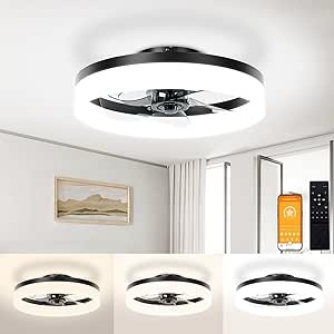 VOLISUN Fandelier Ceiling Fans with Lights and Remote, 15.7in Low Profile Ceiling Fan Flush Mount, 3000K-6500K Dimmable Bladeless LED Fan Light, Black Modern Ceiling Fans with Lights for Bedroom