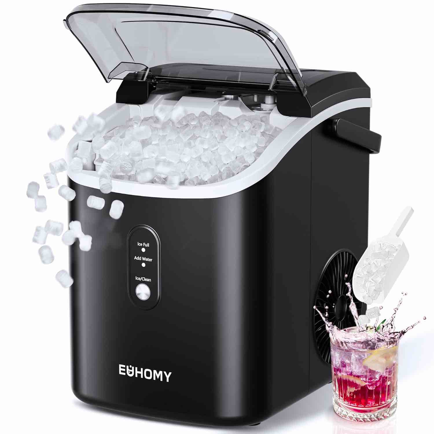 EUHOMY Countertop Ice Maker Machine with Handle, 26lbs in 24Hrs, 9 Ice Cubes Ready in 6 Mins, Auto-Cleaning Portable Ice Maker with Basket and Scoop, for Home/Kitchen/Camping/RV. (Black)