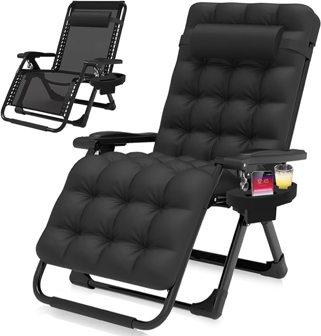 Suteck Zero Gravity Chair, Reclining Camping Lounge Chair w/Removable Cushion, Upgraded Lock and Cup Holder, Reclining Patio Chairs Folding Recliner for Indoor and Outdoor