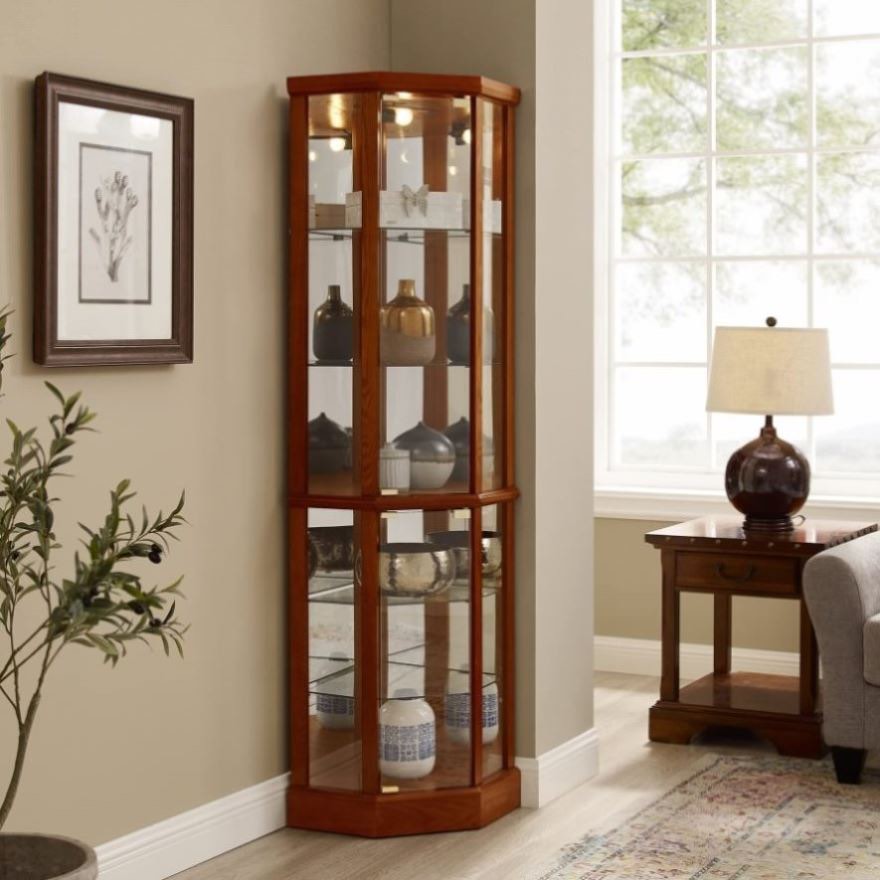 ZNTS 6 Shelf Lighted Corner Curio Cabinet with Adjustable Tempered Glass Shelves and Mirror Back, Oak W1693P170925