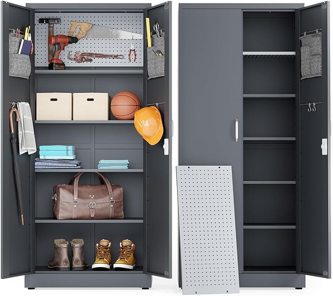 Locking Metal Storage Cabinet | Garage Storage Cabinet with Doors | 71" Lockable Tool Cabinet | Metal Cabinets for Home Office (Dark Gray)