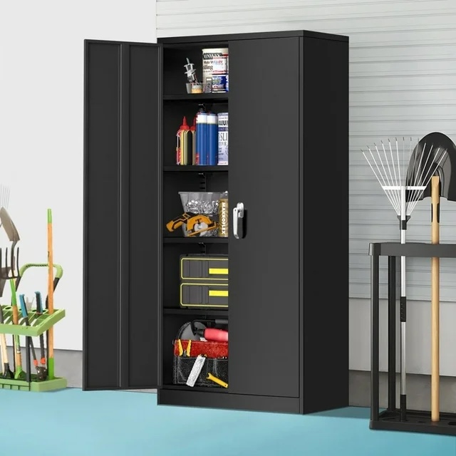 Metal Garage Storage Cabinet with Locking Doors and Adjustable Shelves Black Metallic Finish