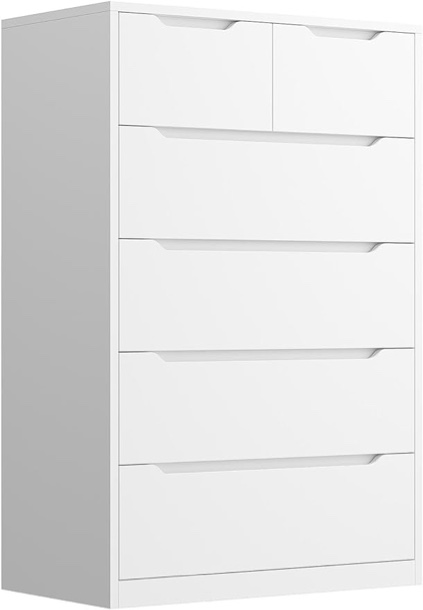 EnHomee Dresser for Bedroom, White Dresser with 6 Wood Large Drawers, Dressers & Chests of Drawers with Large Organizer, Tall Dresser with Smooth Metal Rail, White