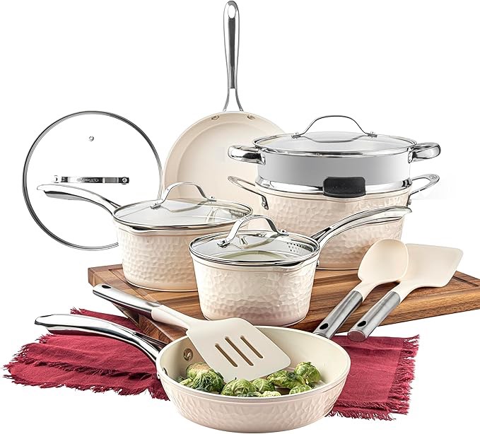 Gotham Steel 15 Pc Ceramic Pots and Pans Set Non Stick, Kitchen Cookware Sets, Pot and Pan Set, Ceramic Cookware Set, Non Toxic Cookware Set, Non Stick Pots and Pan Set Dishwasher Safe, Cream White