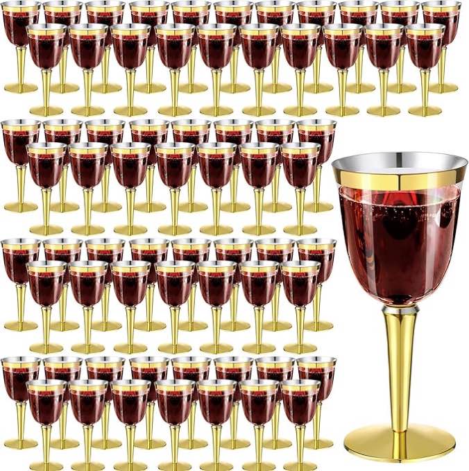 Yoande 100 Pack Rimmed Disposable Plastic Wine Glasses Bulk 8 Oz Elegant Fancy Wine Cups Stemmed Wine Glasses Clear Cocktail Cups with Long Stem for Party Wedding Anniversary Birthday (Silver)