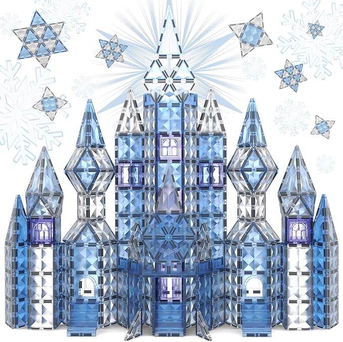 100-Piece Magnetic Tiles Frozen Ice Castle Building Set Pretend Play Princess Toys for Toddlers Kids Creative Magnet Toys Learning Activities Sensory Toy Gifts for 3+ Year Old Boys Girls