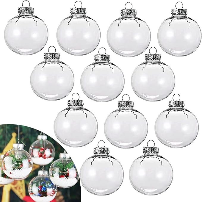 Poen 12 Pcs 200mm Clear Plastic Fillable Ornaments Ball with Christmas Ribbons Christmas Decoration Balls DIY Christmas Tree Ornament Hanging Pendants Baubles Ball for Christmas Wedding Home Decor