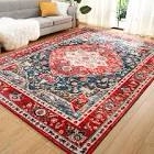 Comeet Soft Area Rug 5x7, Washable Living Bedroom Rug Low-Pile Vintage Rugs, Non-Slip Non-Shed Floral Print Accent Floor Carpet for Dining Room Home Office, Updated Red