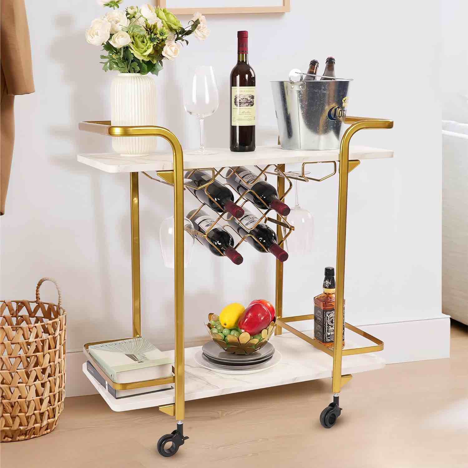 Jubao Deluxe Gold Bar Cart, with Glass Holders and Wine Racks, Modern Marbled Solid Wood Cart on Silent Wheels, 2-Tier Premium Texture Bar Cart for Kitchen and Dining Room Outdoor