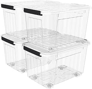Cetomo Plastic Storage Bin Box Stackable and Nestable with Lid and Secure Latching Buckles, Clear, 18Qt x 4, Pack of 4