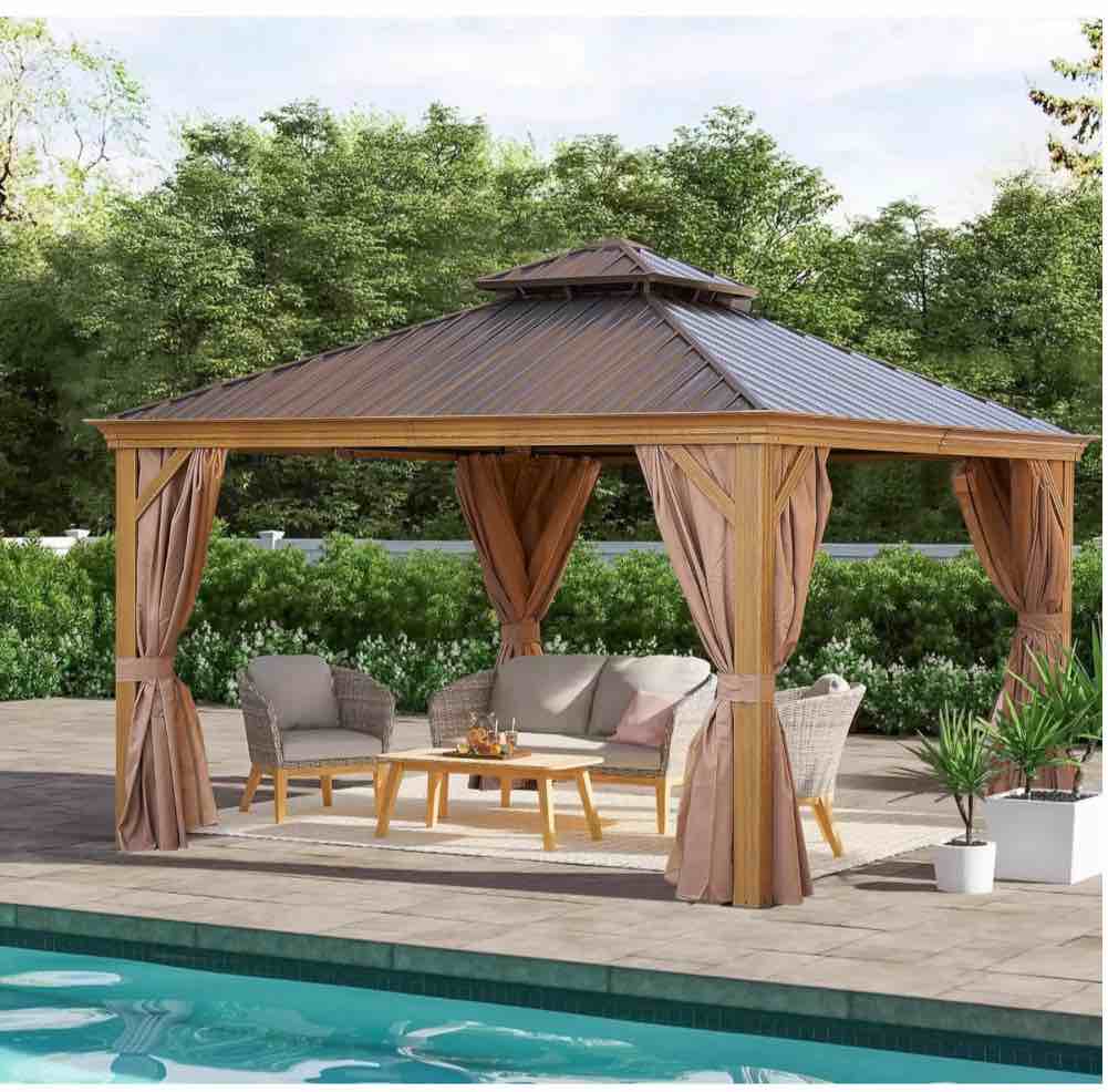 (Incomplete 3/3 Box) 12 x 12 foot hard roof gazebo with nets and curtains, hard aluminum outdoor gazebo with double galvanized steel roof, permanent metal gazebo with top hook for terrace, patio, backyard