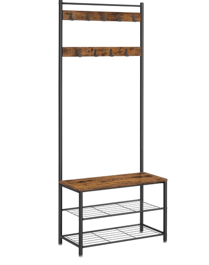 VASAGLE Coat Rack, Hall Tree with Shoe Storage Bench, Entryway Bench with Shoe Storage, 3-in-1, Steel Frame, for Entryway, 12.6 x 27.6 x 69.8 Inches, Industrial, Rustic Brown and Black UHSR41BX
