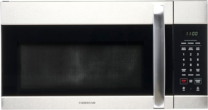 Farberware Over-the-Range Microwave Oven, 1.7 Cu. Ft. - 1000W - Auto Reheat, Multi-Stage Cooking, Melt/Soften Feature, Child Safety Lock, LED Display - Space Efficient & Powerful - Stainless Steel