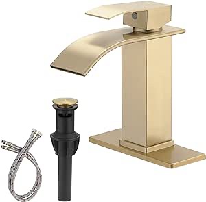 BWE Brushed Gold Bathroom Faucet Modern Single Hole Waterfall Faucet for Bathroom Sink RV Lavatory Vanity Mixer Tap Stainless Steel with Pop Up Drain Assembly and Supply Lines