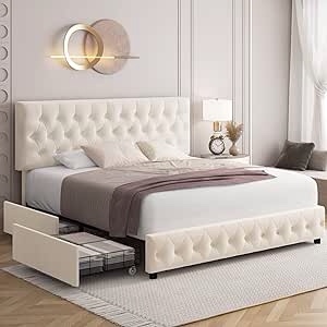 Keyluv Modern Upholstered Bed Frame with 4 Storage Drawers, Button Tufted Headboard Design, Solid Wooden Slat Support, Easy Assembly, Soft Velvet, Beige, Queen Size