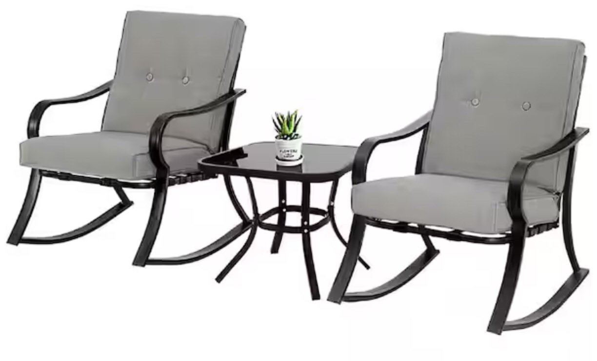 3-Piece Metal Outdoor Bistro Set Rocking Chairs with Gray Cushions
