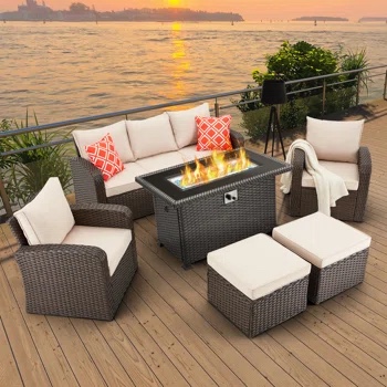 Wicker/Rattan 7 - Person Seating Group with Fire Pit Table (incomplete, glass wind guard only)