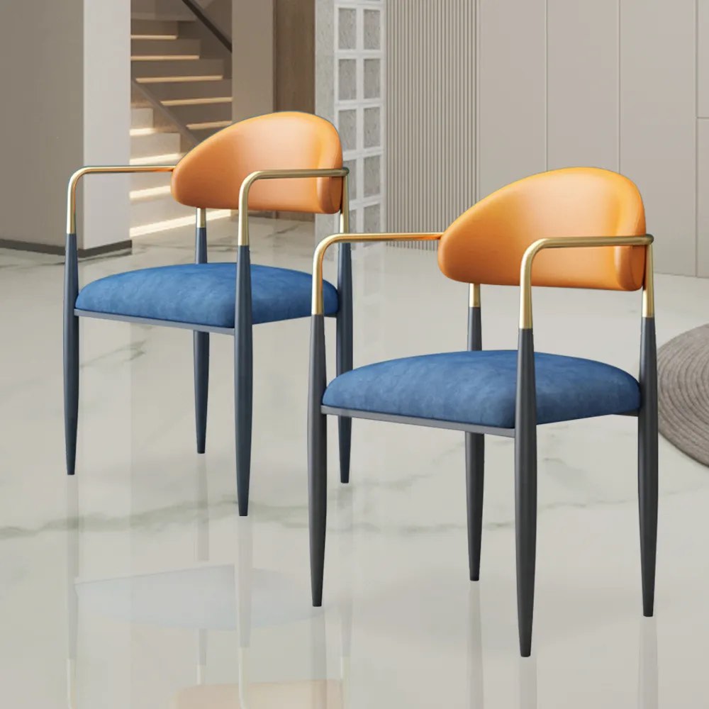 Modern Dining Chair with PU Leather Velvet Cushion, White/Orange&Blue, Metal Leg, Assembly Needed