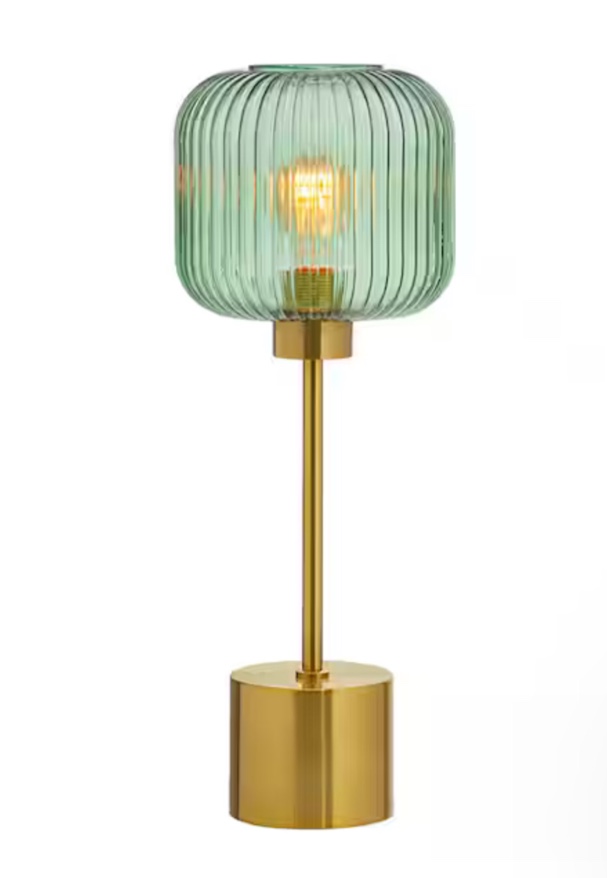Aislin 21 in. Brushed Gold Metal Table Lamp with Globe Shade in Textured Green Glass