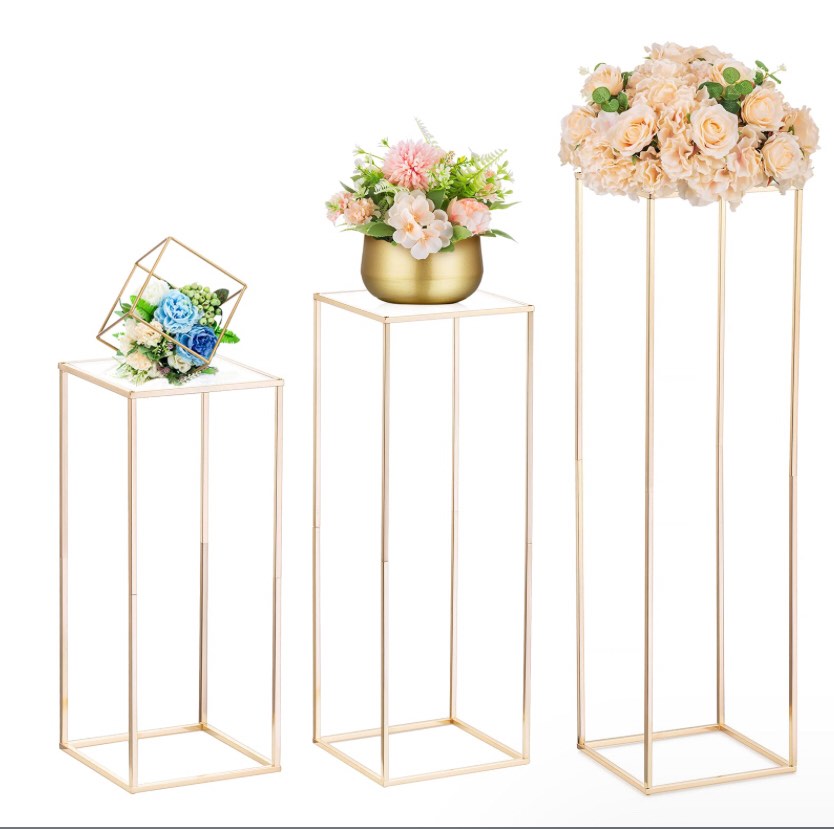 Nuptio Gold Vases for Centerpieces Wedding with Acrylic Panel - 3 Pcs 23.6/31.5/39.4 inch Tall Metal Flower Vase Flowers Stand - Elegant Bulk Weddings Decoration Table Geometric Centerpiece for Tables