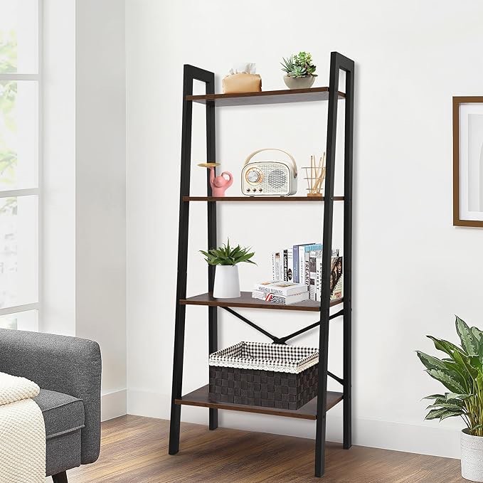 thksbought 4 Tier Ladder Shelf,Bookshelf,Kitchen Shelf,Plant Flower Stand Storage Rack,Multi Function Shelf with Stable Metal Shelf (Brown)