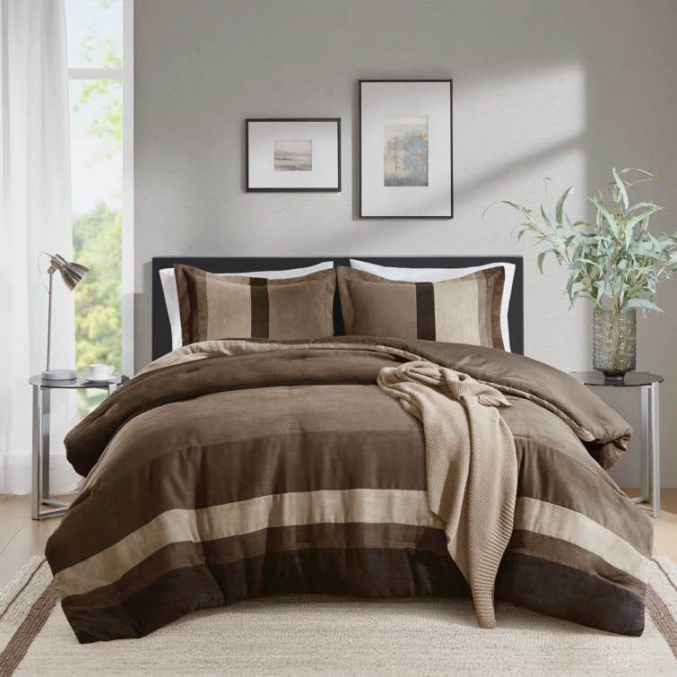 King Brown Stevee Striped Microsuede Plush Comforter Set in Farmhouse Style