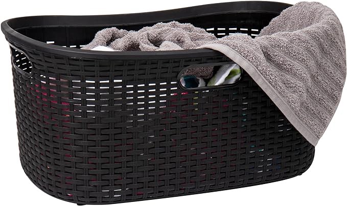 Mind Reader 40L Laundry Basket, Clothes Hamper, Wicker Design, Plastic, 23"L x 14.5"W x 11"H, Black