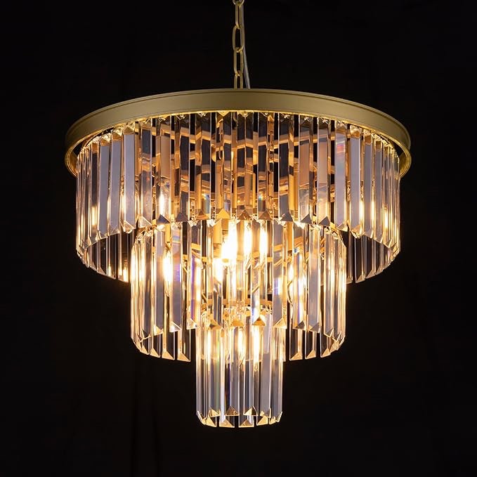 Wellmet 20 inch Gold Crystal Chandelier, 3-Tier Contemporary Modern Bathroom Chandeliers, 7-Light Adjustable Hanging Round Ceiling Light for Bedroom, Entryway, Dining Room, Girls Room, Foyer