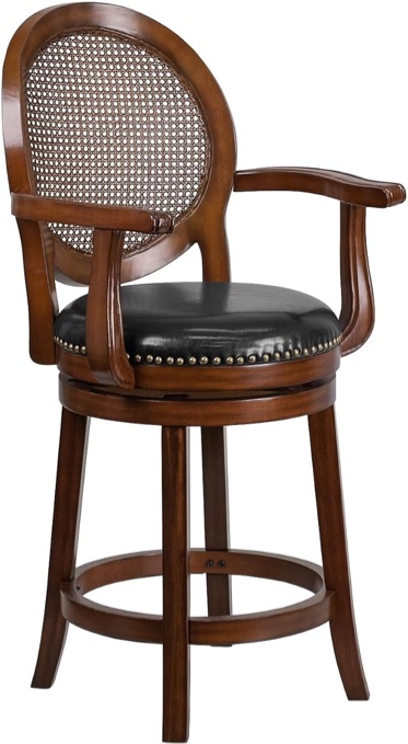 Flash Furniture Victor 26'' High Expresso Wood Counter Height Stool with Arms, Woven Rattan Back and Black LeatherSoft Swivel Seat