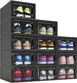 MELDEVO 12 Pack Shoe Organizer Boxes, Black Plastic Stackable Shoe Storage Bins For Closet, Space Saving Shoe Holder Sneaker Display Case for Medium Size Shoes.  incomplete. missing ends