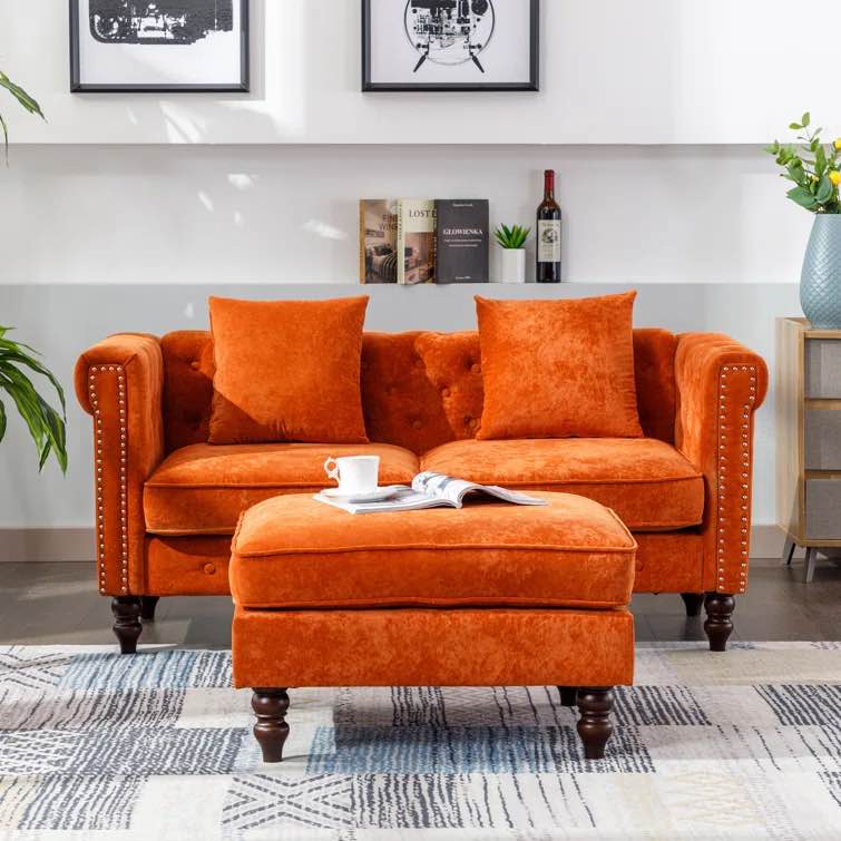 LOUDELLA 63” UPHOLSTERED CONVERTIBLE ORANGE SOFA AND OTTOMAN    incomplete. box 3 of 3 only 