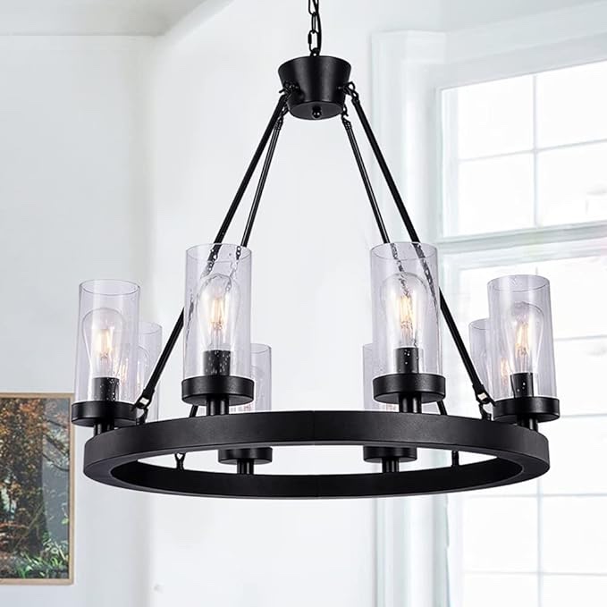 Wellmet Matte Black Wagon Wheel Chandeliers Bubble Glass Shade, Farmhouse 30” 8-Light Iron Chandelier, Industrial Rustic Hanging Ceiling Light Dining Room Kitchen Bedroom Living Room Foyer Hallway