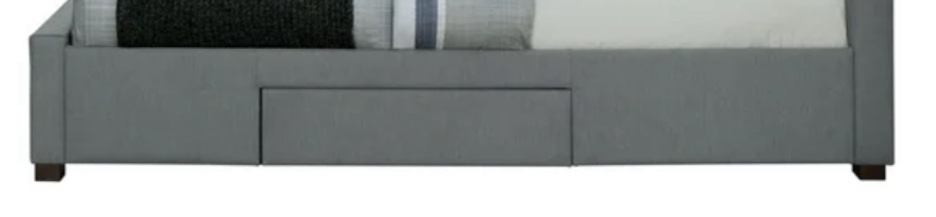 DGCASA KYLA 4 DRAWER. EASTERN KING SIZE BED. GREY FABRIC. SIDERAILS.  incomplete. 3 of 5 only. 