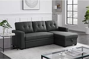 Devion Furniture L-Shaped Polyester Fabric Reversible, Easy Convertible Pull-Out Sleeper Sectional Sofa/Storage Chaise with Tufted Back Cushions and Track Arms in Dark Gray(incomplete loveseat only)