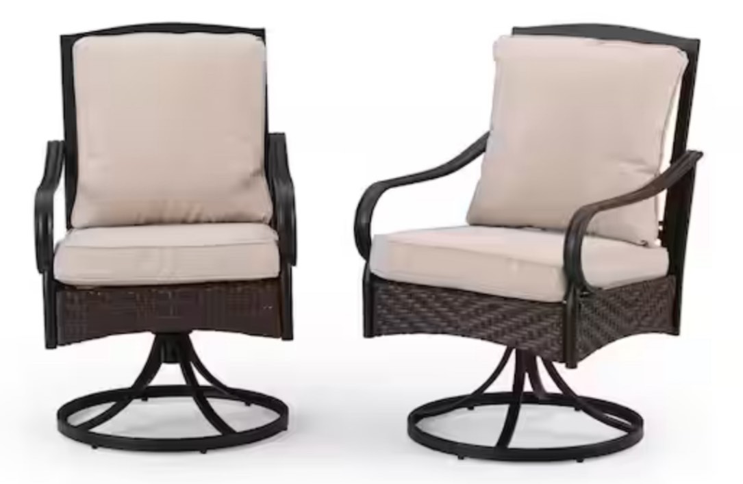 Swivel Rockers Metal and Wicker Outdoor Dining Chair with Beige Cushions (2-Pack)