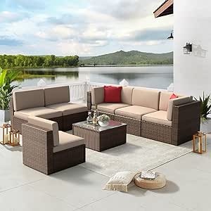 Aoxun 7 Pieces Patio Furniture Sets, Wicker Patio Furniture Set with Washable Cushions & Glass Coffee Table for Garden, Poolside, Balcony,Backyard (Brown)(incomplete box c)
