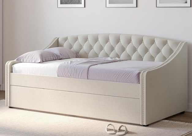 DG Casa SUVA Traditional Upholstered Daybed with Trundle Platform Frame with Diamond Button Tufting Nailhead Trim and Full Wooden Slats, Box Spring not Required-Twin Size Day Bed in Beige Fabric(incomplete box 1/2)