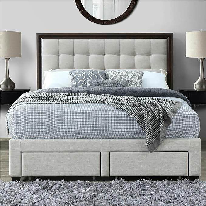 DG Casa Solomon Mid Century Modern Queen Bed Frame – Beige Fabric Upholstered Bed Frame with Storage Drawers – Queen Size Bed Frame with Square Bind Tufted Headboard With Wood Trim for Queen Bed(incomplete 3 of 3)