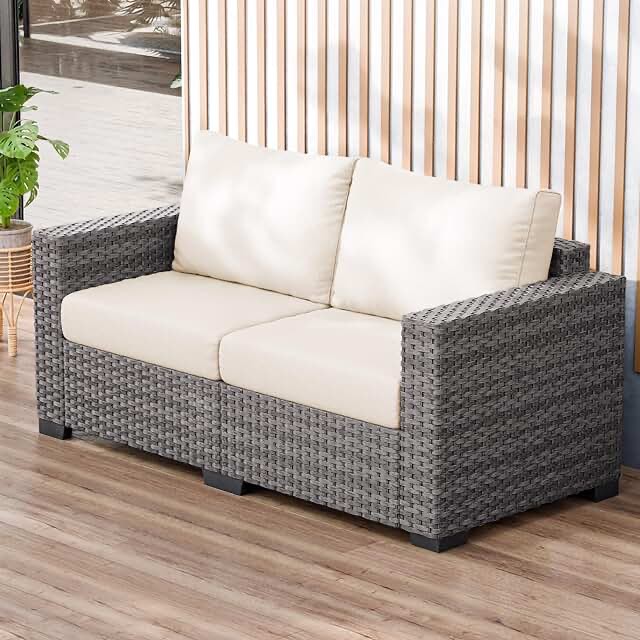 grey wicker with beige cushion loveseat