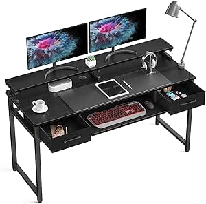 ODK Computer Desk with Keyboard Tray, 55 inch Home Office Desk with Drawers, Modern Work Study PC Desk with Monitor Shelf, Black