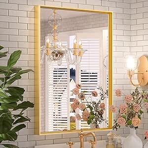 Keonjinn Gold Bathroom Mirror for Vanity 22â€? x 30â€? Champagne Gold Rectangular Wall Mirror Brushed Brass Metal Frame Rectangle Farmhouse Mirror Modern Square Corner Framed Mirror(Horizontal/Vertical)