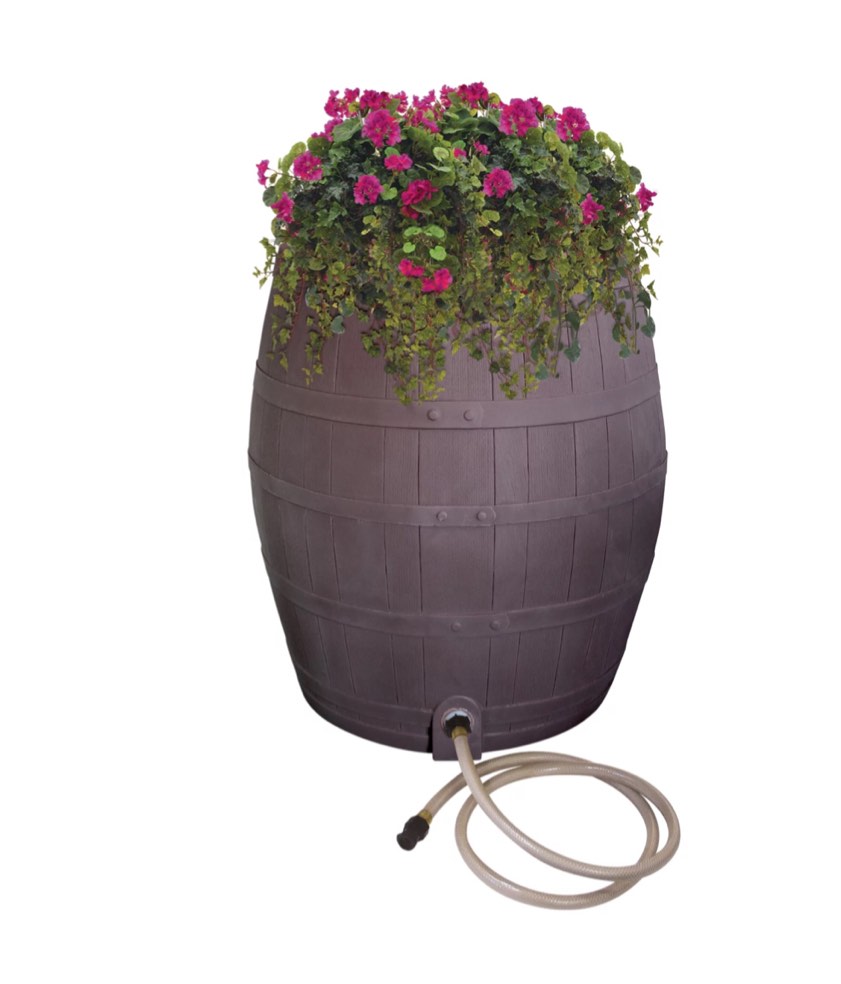 Emsco Group 2242-1 Rescue 50-Gallon Includes Planter, Water Diverter, Outlet Hose – Flatback Design – Brown 50 Gallon Whiskey Rain Barrel