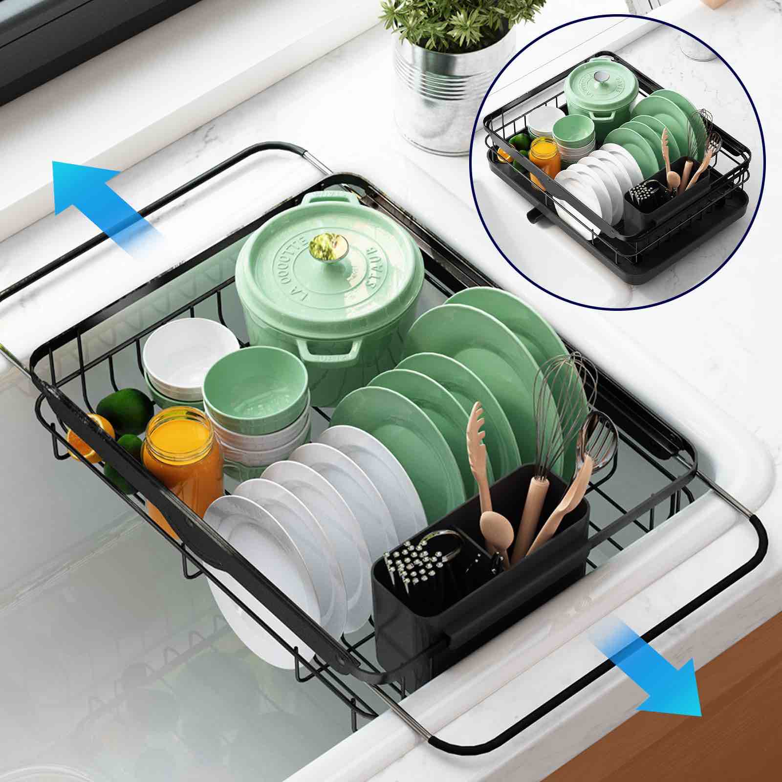 Kitsure Dish Drying Rack in Sink - Dual-Use Dish Rack for Countertops & Sinks, Stainless Steel Dish Rack for Kitchen Counter, Over The Sink Kitchen Drying Rack with a Draindboard, White