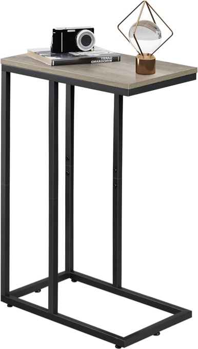 BISAGLE Side Table, C Shaped End Table for Sofa and Bed, TV Tray Table with Metal Frame?Solid Wood for Couch, Living Room, Bedroom, Greige